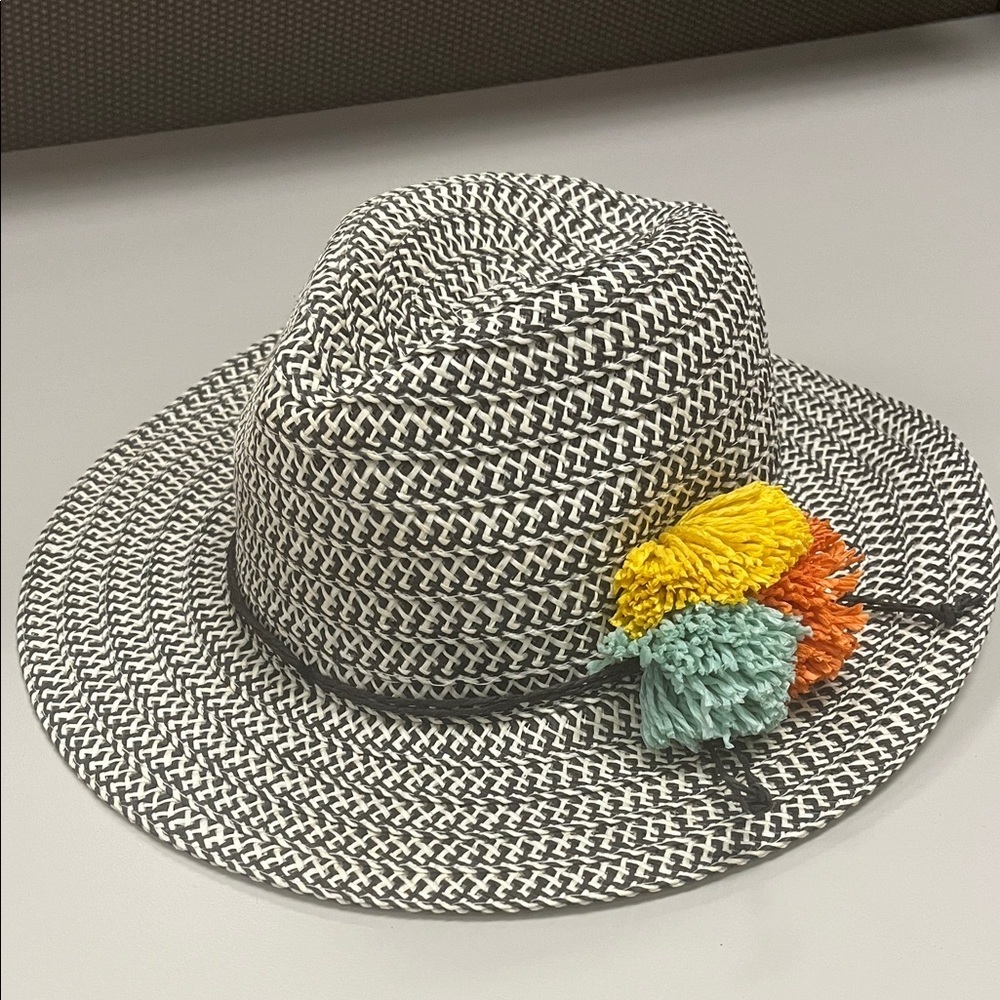 Source Unknown Black and White Paper Hat with Colorful Accent Pom poms